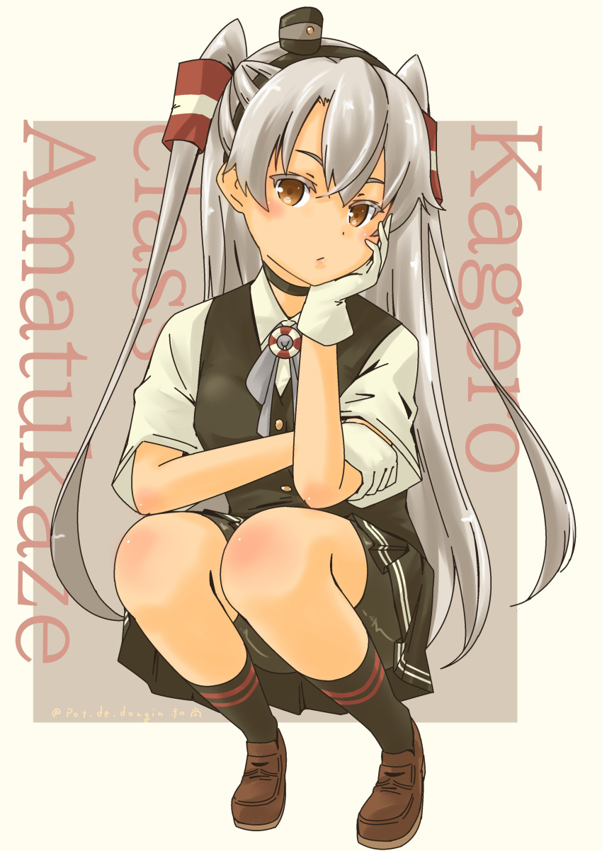 1girl absurdres amatsukaze_(kancolle) bike_shorts black_choker black_headband black_skirt black_vest blush border brown_background brown_eyes brown_footwear character_name choker closed_mouth collared_shirt commentary cosplay english_text full_body gloves grey_hair grey_ribbon hair_between_eyes hair_tubes headband highres kagerou_(kancolle) kagerou_(kancolle)_(cosplay) kantai_collection kneehighs lifebuoy loafers long_hair looking_at_viewer neck_ribbon outside_border pleated_skirt pot-de ribbon shirt shoes short_sleeves simple_background skirt smokestack_hair_ornament socks solo squatting swim_ring twitter_username two_side_up uniform vest white_gloves white_hair white_shirt