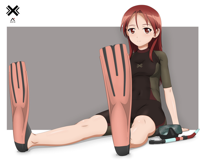 1girl absurdres acrux bodysuit breasts brown_bodysuit covered_navel diving_mask diving_mask_removed diving_suit flippers full_body goggles highres looking_at_viewer medium_hair minna-dietlinde_wilcke red_eyes red_hair simple_background sitting skin_tight small_breasts snorkel solo spread_legs springsuit strike_witches strike_witches:_aurora_no_majo strike_witches:_suomus_misfits_squadron thighs two-tone_bodysuit wetsuit world_witches_series