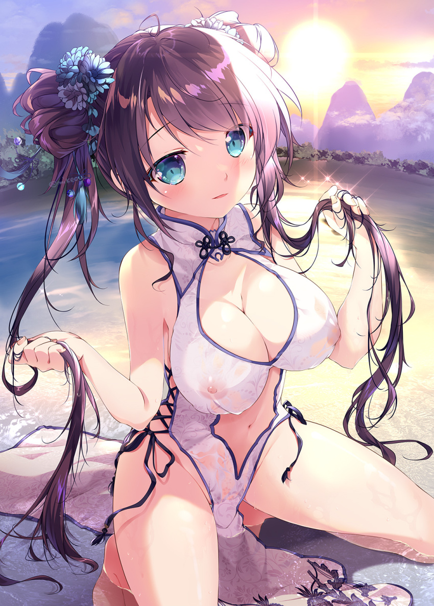 1girl aqua_eyes bangs bare_legs bare_shoulders barefoot black_hair breasts china_dress chinese_clothes cleavage clothing_cutout covered_nipples double_bun dress evening hair_bun highres kneeling large_breasts long_hair looking_at_viewer mikeou navel navel_cutout nipples original outdoors see-through sideless_outfit solo sun swept_bangs twintails very_long_hair wet