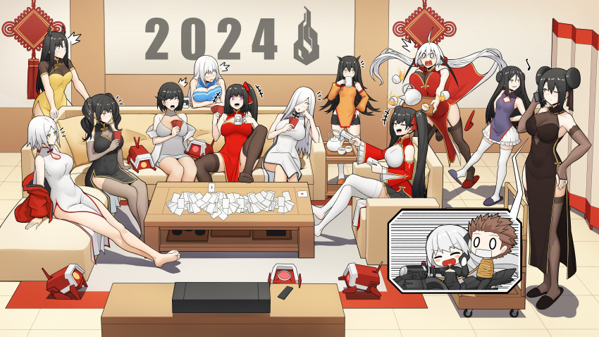 1boy 6+girls absurdres agent_(girls'_frontline) ahoge alchemist_(girls'_frontline) alternate_costume architect_(girls'_frontline) beak_(girls'_frontline) black_hair blush breasts brown_hair chibi china_dress chinese_clothes chinese_new_year commander_(girls'_frontline) cup dinergate_(girls'_frontline) double_bun dreamer_(girls'_frontline) dress drinking executioner_(girls'_frontline) frills gager_(girls'_frontline) gaia_(girls'_frontline) girls'_frontline hair_bun hair_over_one_eye happy_new_year hebai_xiaochuan highres hunter_(girls'_frontline) intruder_(girls'_frontline) judge_(girls'_frontline) large_breasts long_hair low_twintails medium_breasts medium_hair multicolored_hair multiple_girls new_year ouroboros_(girls'_frontline) pink_eyes sangvis_ferri scarecrow_(girls'_frontline) short_hair sidelocks small_breasts streaked_hair tea teacup teapot thighhighs twintails very_long_hair