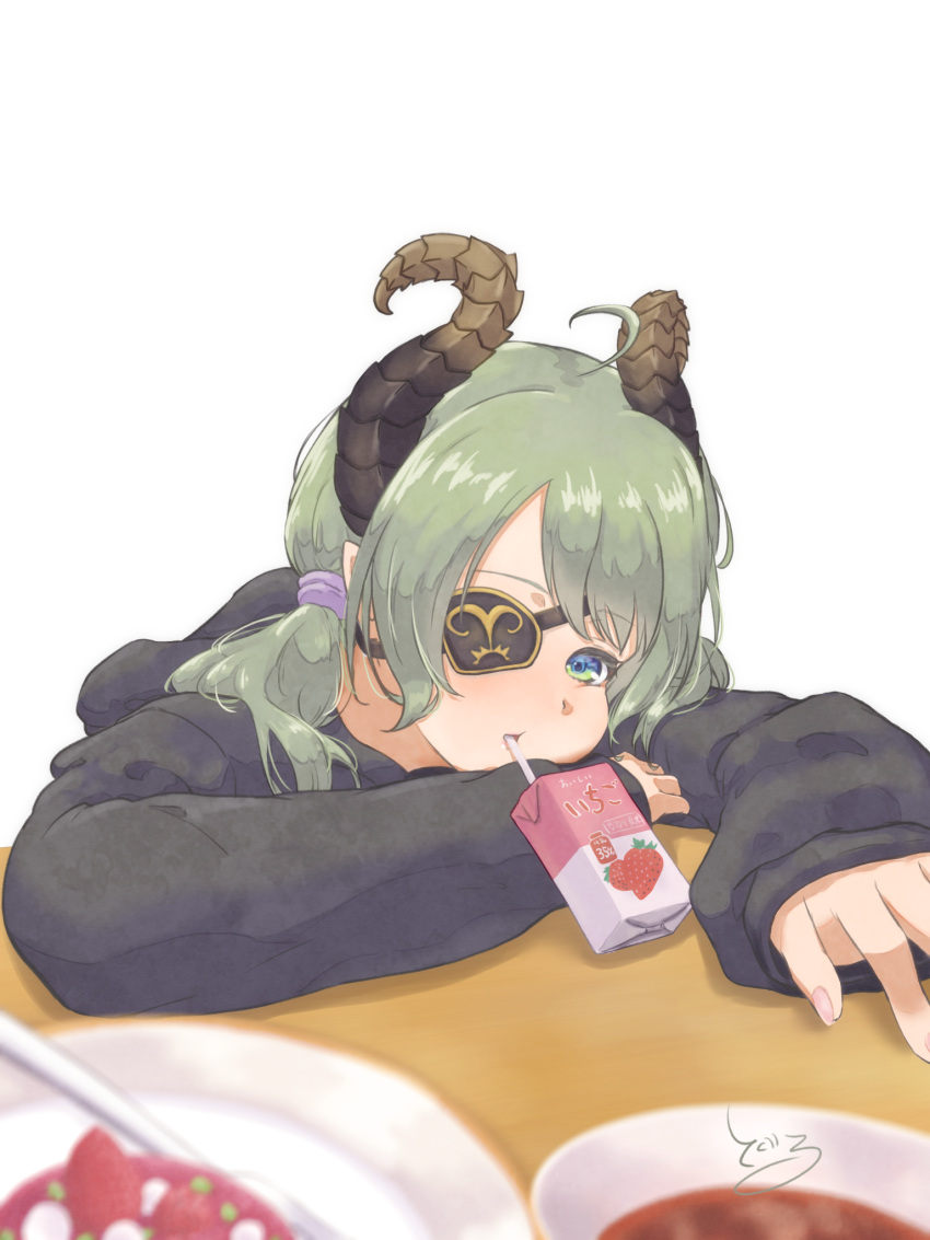 1girl ahoge black_hoodie blue_eyes blurry blurry_foreground blush brown_horns commentary_request curled_horns curry eyepatch food fork fruit green_hair highres hood hood_down hoodie horns juice_box long_sleeves looking_at_viewer low_twintails medium_bangs medium_hair nanashi_inc. open_mouth pink_nails plate sekishiro_mico simple_background solo strawberry table transparent_background twintails upper_body virtual_youtuber yunagi_teguru