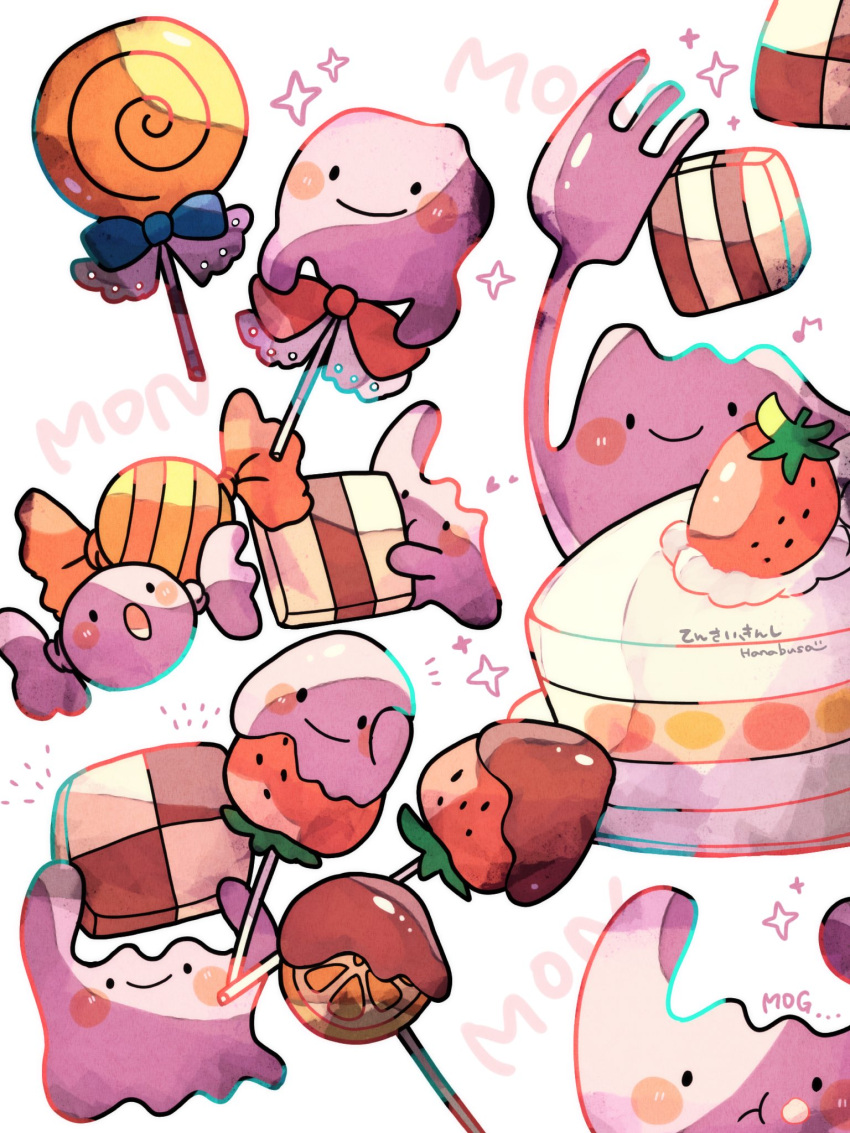 :o artist_name cake candy chewing chocolate closed_mouth commentary_request ditto food food_focus fork fruit hanabusaoekaki highres lollipop no_humans open_mouth pokemon pokemon_(creature) smile sparkle strawberry strawberry_cake transformed_ditto white_background