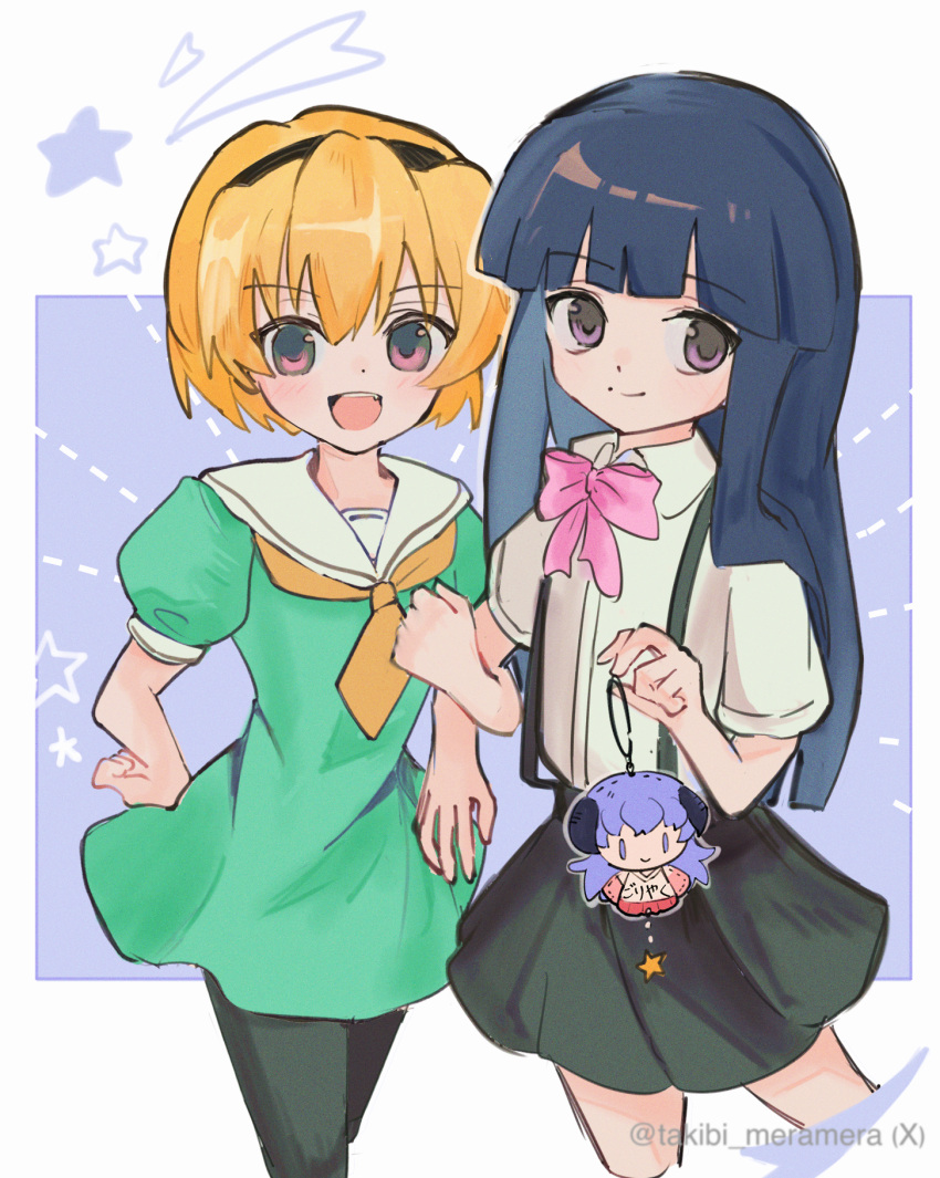 2girls artist_name black_hairband black_skirt black_thighhighs blonde_hair blue_background blunt_bangs border bow character_keychain chya_dan_go12 closed_mouth collared_shirt furude_rika green_shirt hairband hand_on_another's_arm hand_on_own_hip hanyuu highres higurashi_no_naku_koro_ni holding houjou_satoko inset_border keychain long_hair looking_at_viewer looking_to_the_side multiple_girls neckerchief open_mouth overall_skirt pink_bow purple_eyes red_eyes sailor_collar shirt short_hair sidelocks skirt smile star_(symbol) thighhighs twitter_username white_border white_sailor_collar white_shirt yellow_neckerchief