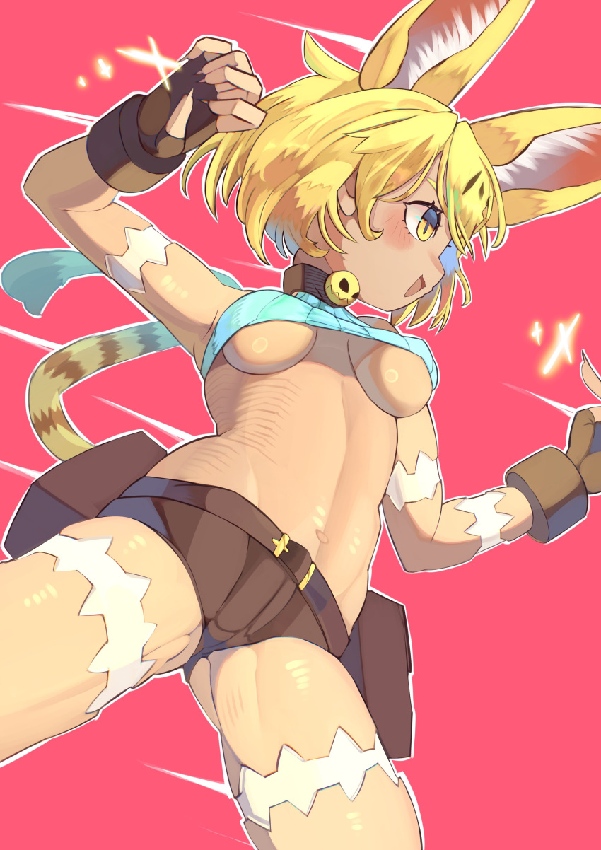 1girl \m/ absurdres animal_ears bare_shoulders belt belt_pouch black_choker black_gloves black_leggings blonde_hair blue_shirt blush breasts brown_belt cat_ears cat_tail choker commentary cosplay cowboy_shot crop_top detached_leggings extra_ears fingerless_gloves fingernails gloves gradient_background hair_between_eyes highres kemono_friends large_breasts leggings looking_at_viewer ms._fortune_(skullgirls) ms._fortune_(skullgirls)_(cosplay) open_mouth osnmykk pink_background pink_nails pouch red_background scar serval_(kemono_friends) sharp_fingernails shirt short_hair short_shorts shorts simple_background skindentation skullgirls sleeveless sleeveless_shirt slit_pupils solo tail underboob v-shaped_eyebrows yellow_eyes