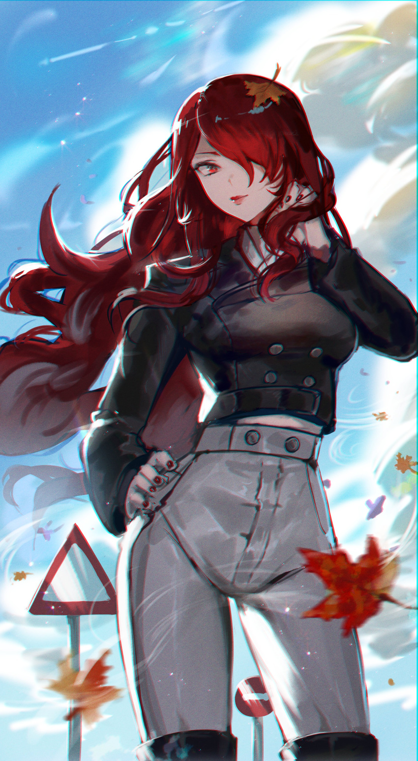 1girl absurdres adamosina breasts floating_hair hair_over_one_eye hand_on_own_hip high-waist_pants highres kirijou_mitsuru lips lipstick long_hair looking_at_viewer makeup official_alternate_costume pants persona persona_3 persona_3_reload red_eyes red_hair red_lips sketch solo wind