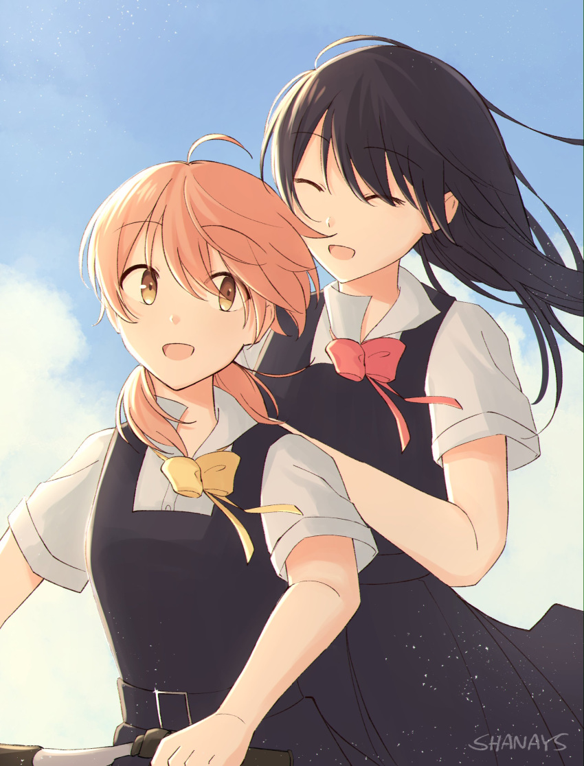 2girls ^_^ absurdres ahoge artist_name bicycle black_dress black_hair blue_sky bow bowtie brown_eyes brown_hair closed_eyes collared_shirt dress dress_shirt floating_hair hair_between_eyes highres koito_yuu light_particles long_hair low_twintails multiple_girls multiple_riders nanami_touko open_mouth pinafore_dress pleated_dress red_bow red_bowtie riding riding_bicycle shanays shirt shirt_slip short_hair short_sleeves short_twintails sky sleeveless sleeveless_dress smile twintails white_shirt yagate_kimi_ni_naru yellow_bow yellow_bowtie