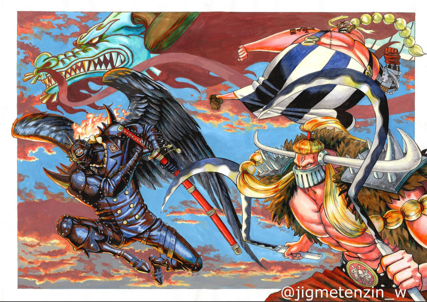 4boys angry black_wings blonde_hair blue_sky cigar cloud cloudy_sky dragon eastern_dragon fat fighting_stance fire gimp_mask highres holding holding_sickle holding_sword holding_weapon horns jack_(one_piece) jigme_tenzin_wangchuk jumping kaidou_(one_piece) king_(one_piece) leather_suit long_hair low_twintails male_focus marker_(medium) mask mouth_mask multiple_boys muscular muscular_male one_piece open_clothes ponytail prosthesis prosthetic_arm queen_(one_piece) scar scar_on_chest sharp_teeth shoulder_spikes shoulder_tattoo skull_and_crossbones sky spikes sunset sword tattoo teeth traditional_media twintails twitter_username weapon wings