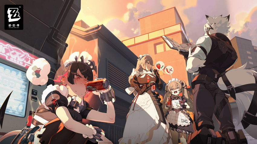 &gt;_&lt; 1boy 3girls alexandrina_sebastiane artist_request black_dress black_hair black_pants book breasts can city corin_wickes day dress drinking ear_piercing ellen_joe food food_on_face furry furry_male highres holding holding_book holding_can large_breasts long_hair maid_headdress multicolored_hair multiple_girls official_art open_book open_mouth outdoors pants piercing red_eyes red_hair red_nails second-party_source short_hair short_sleeves sitting spoken_food standing steam streaked_hair tail tearing_up twintails von_lycaon wrist_cuffs zenless_zone_zero