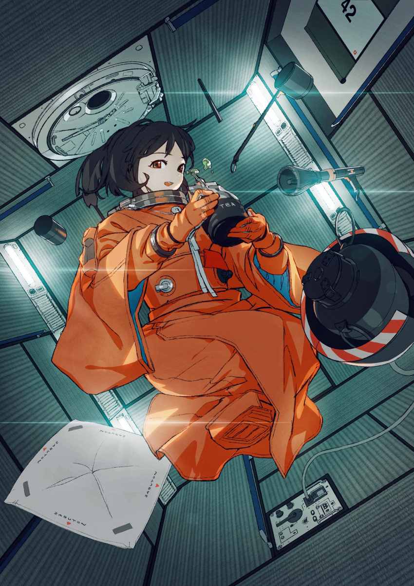 1girl :d absurdres black_hair brown_eyes chasen commentary_request costume_combination cushion diffraction_spikes drink drink_pouch drinking full_body gloves green_tea highres holding holding_drink indoors japanese_clothes kimono ladle long_hair looking_at_viewer match_(type74tk) medium_hair open_mouth orange_gloves orange_kimono original smile solo spacecraft_interior spacesuit tatami tea tea_ceremony thermos wide_sleeves zabuton zero_gravity
