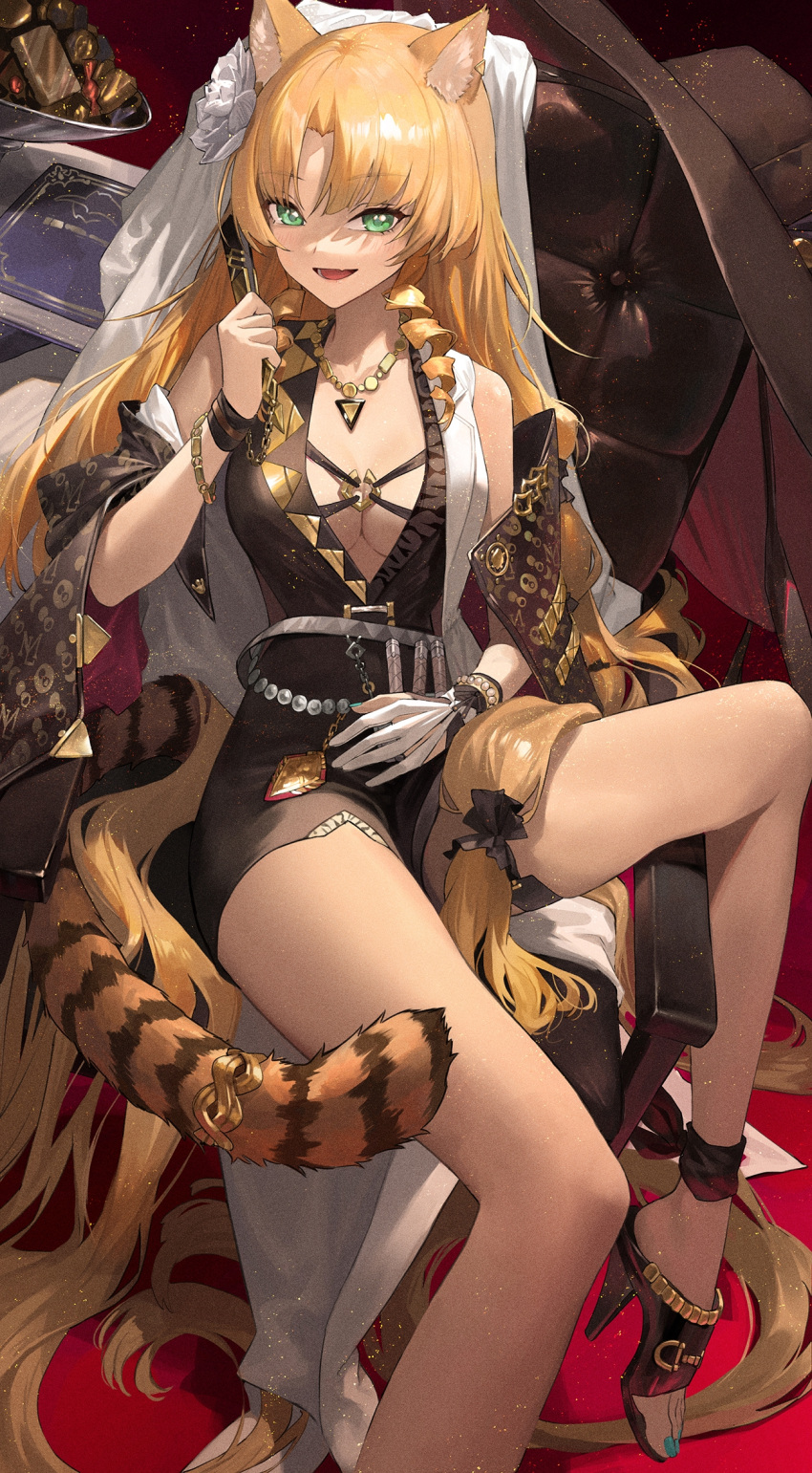 1girl animal_ears arknights black_headwear blonde_hair breasts cleavage drill_hair fang green_eyes highres long_hair looking_at_viewer medium_breasts open_mouth sidelocks smile solo swire_(arknights) swire_the_elegant_wit_(arknights) tail tiger_ears tiger_girl tiger_tail ttk_(kirinottk) very_long_hair