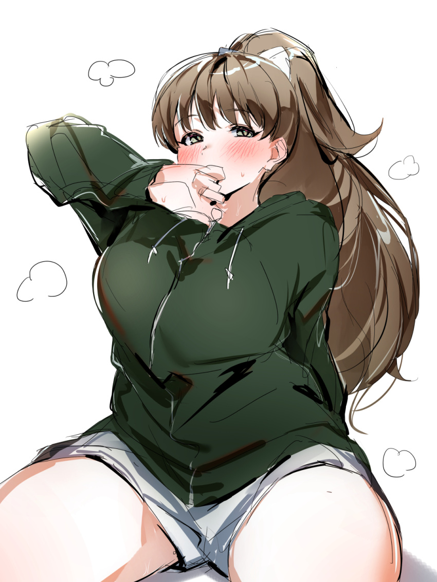1girl blush breasts brown_hair exhausted green_eyes green_hoodie hand_up heavy_breathing highres hood hood_down hoodie idolmaster idolmaster_cinderella_girls idolmaster_cinderella_girls_starlight_stage karan large_breasts long_hair long_sleeves looking_at_viewer makihara_shiho ponytail shorts simple_background sitting smile solo sweatdrop wariza white_background white_shorts