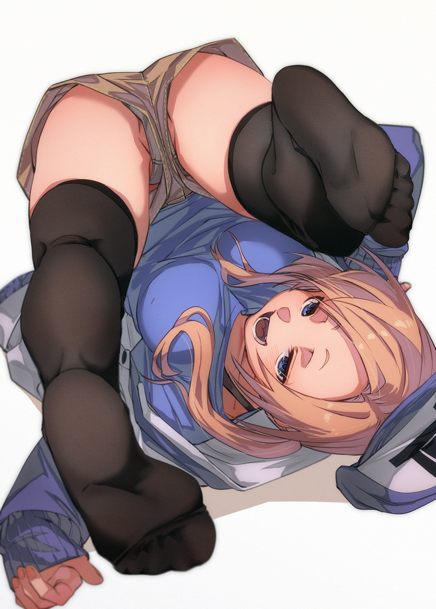 1girl blonde_hair blue_eyes breasts commentary_request feet fu-ta highres large_breasts looking_at_viewer original panties panty_peek partial_commentary short_shorts shorts soles ta-cchan_(fu-ta) thighhighs twintails underwear upshorts upside-down