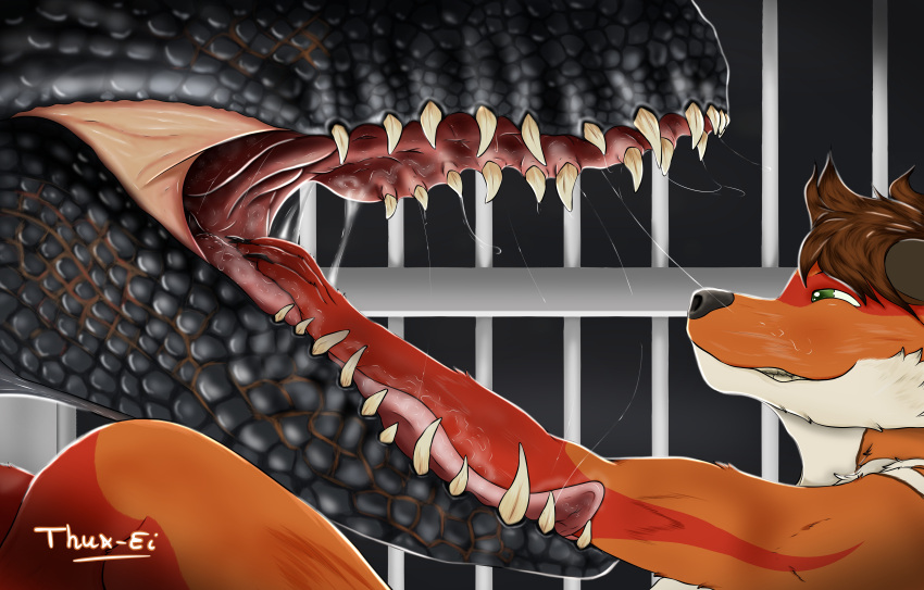 absurd_res anthro bars black_body black_scales bodily_fluids body_part_in_mouth breath brown_hair cage canid canine claws digital_media_(artwork) dinosaur drool_on_face drooling duo fangs female feral flesh_tunnel fox fur green_eyes hair hi_res in_mouth indoraptor intersex intersex/male jurassic_park jurassic_world jurassic_world:_fallen_kingdom licking male mammal mouth_shot nude open_mouth playful predator/prey red_body red_fox red_fur reptile saliva saliva_on_face saliva_on_tongue scales scalie smelly smile teeth theropod thux-ei tongue tongue_out universal_studios vore willing_prey