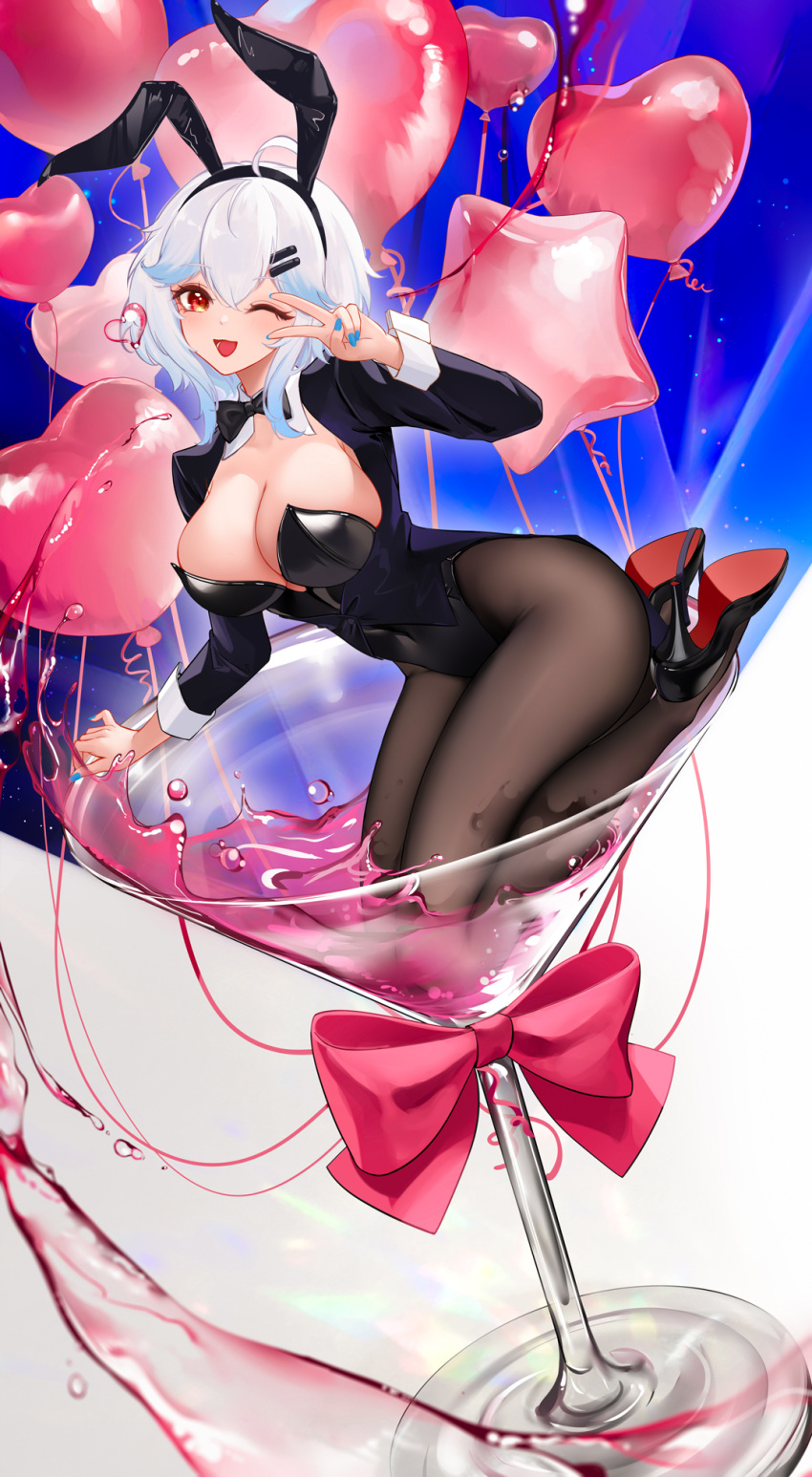 1girl ahoge animal_ears black_bow black_bowtie black_footwear black_hairband black_leotard blue_hair blue_nails bow bowtie breasts brown_pantyhose cleavage cocktail_glass collar covered_navel cup drinking_glass fake_animal_ears full_body hairband high_heels highres in_container in_cup large_breasts leotard light_blue_hair liu_liaoliao long_sleeves one_eye_closed open_mouth original pantyhose playboy_bunny rabbit_ears red_eyes short_hair_with_long_locks sidelocks smile v white_collar white_hair yile_(liu_liaoliao)