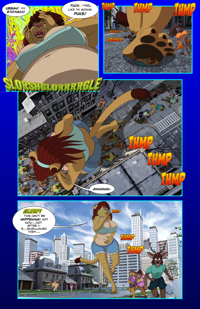 3d_(artwork) 3d_background absurd_res anthro anthro_pred belly big_breasts bird's-eye_view bottomwear breasts city clothing comic cougar covering covering_mouth crissi_(silkysworld) crop_top crush cutoffs daisy_dukes denim denim_bottomwear denim_clothing dialogue digital_media_(artwork) english_text feet felid feline female female_pred foot_crush foot_shot hi_res high-angle_view holding_head hotpants ill indigestion larger_anthro larger_female low-angle_view macro macro_anthro macro_female male mammal midriff mixed_media navel nipple_outline rumbling_stomach shirt shorts silkysworld size_difference slightly_chubby smaller_anthro smaller_female smaller_male speech_bubble text topwear vore