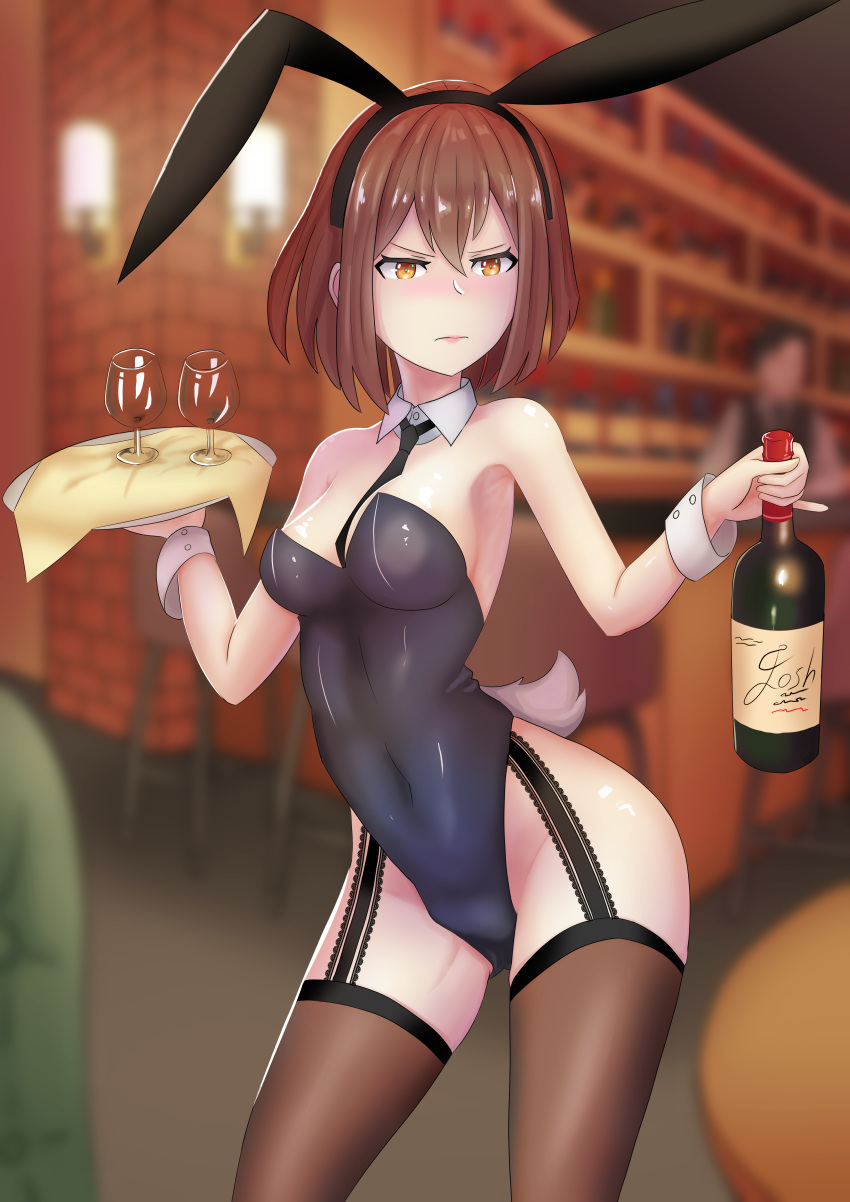 1boy 1girl absurdres animal_ears armpits bar_stool black_necktie blush bottle breasts brown_eyes brown_hair cleavage covered_navel cup detached_collar drinking_glass garter_belt garter_straps groin_tendon hair_between_eyes highres korean_commentary livingdead_(wmg7776) medium_breasts navel necktie original pinky_out playboy_bunny rabbit_ears rabbit_tail restaurant sconce scowl short_hair stool table tail thighhighs thighs tray wine_bottle wine_glass wrist_cuffs