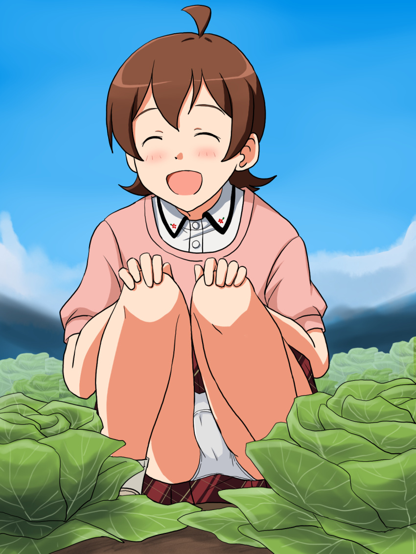 1girl :d ahoge blue_sky brown_hair cabbage closed_eyes cloud cloudy_sky collared_shirt commentary_request crotch_seam day facing_viewer hands_on_own_knees highres idolmaster idolmaster_million_live! kinoshita_hinata lielos miniskirt open_mouth outdoors panties pantyshot partial_commentary pink_shirt plaid plaid_skirt pleated_skirt red_skirt shirt short_hair short_sleeves skirt sky smile solo squatting underwear white_panties white_shirt