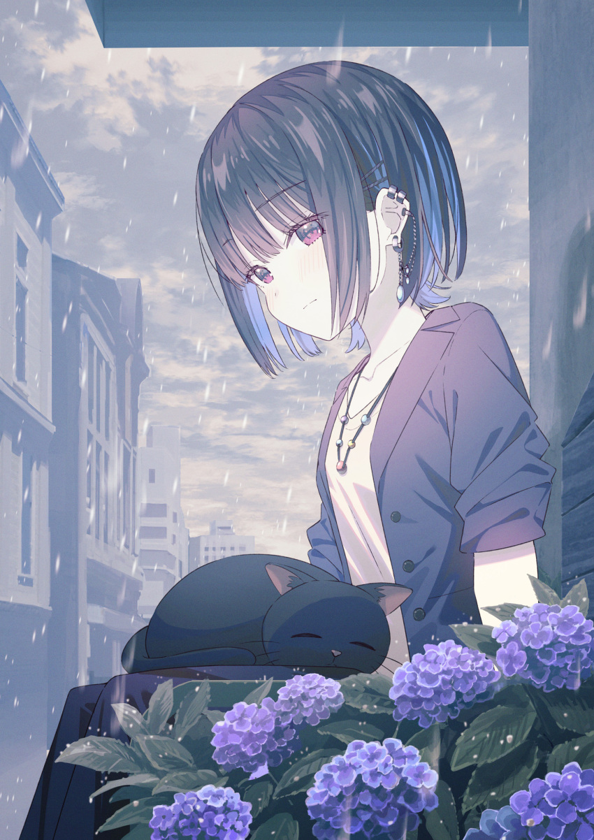 1girl animal_on_lap black_cat black_eyes black_hair blue-haired_boy_(how_to_draw_manga) cat cat_on_lap ear_piercing flower highres hydrangea jacket jewelry koh_rd multicolored_hair muted_color necklace on_lap original piercing rain red_eyes shirt solo two-tone_eyes two-tone_hair white_shirt
