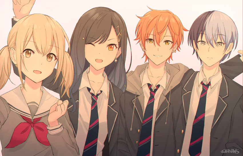 2boys 2girls aoyagi_touya arm_up azusawa_kohane black_hair black_jacket blazer blonde_hair blue_necktie brown_eyes brown_shirt closed_mouth collarbone collared_shirt commentary diagonal-striped_clothes diagonal-striped_necktie dress_shirt earrings english_commentary grey_eyes hair_between_eyes hair_ornament hairclip hand_up highres hood hooded_jacket jacket jewelry kamiyama_high_school_uniform_(project_sekai) long_hair long_sleeves looking_at_viewer medium_hair miyamasuzaka_girls'_academy_school_uniform mole mole_under_eye multicolored_hair multiple_boys multiple_girls neckerchief necktie one_eye_closed open_clothes open_jacket open_mouth orange_eyes orange_hair parted_lips project_sekai red_neckerchief school_uniform serafuku shanays shinonome_akito shiraishi_an shirt short_hair split-color_hair star_(symbol) star_earrings star_hair_ornament striped_clothes stud_earrings twintails upper_body vivid_bad_squad_(project_sekai) white_hair