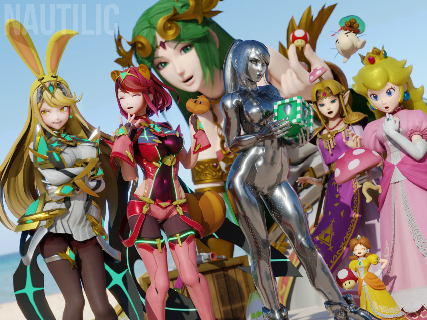 3d 6+girls :d animal_ears artist_name black_pantyhose blonde_hair blue_eyes boots breasts brown_hair bunny_hood_(zelda) circlet clenched_teeth covered_navel crown doseisan dress earrings elbow_gloves embarrassed forehead_jewel giant giantess gloves green_eyes green_hair highres impossible_clothes jewelry kid_icarus kid_icarus_uprising large_breasts laurel_crown long_hair mario_(series) metal_skin metroid metroid_(creature) mini_person minigirl mother_(game) multiple_girls mushroom_on_head mythra_(xenoblade) nautilic open_mouth palutena pantyhose pantyhose_under_shorts pink_dress pointy_ears poison_mushroom_(mario) ponytail princess_daisy princess_peach princess_zelda puffy_short_sleeves puffy_sleeves purple_dress purple_tabard pyra_(xenoblade) raccoon_ears raccoon_tail ramblin'_evil_mushroom red_hair samus_aran short_dress short_hair short_shorts short_sleeves shorts smile sphere_earrings super_leaf super_leaf_(transformation) super_mushroom super_smash_bros. tabard tail teeth the_legend_of_zelda thigh_boots thigh_strap tiara white_dress xenoblade_chronicles_(series) xenoblade_chronicles_2 yellow_dress yellow_eyes zero_suit