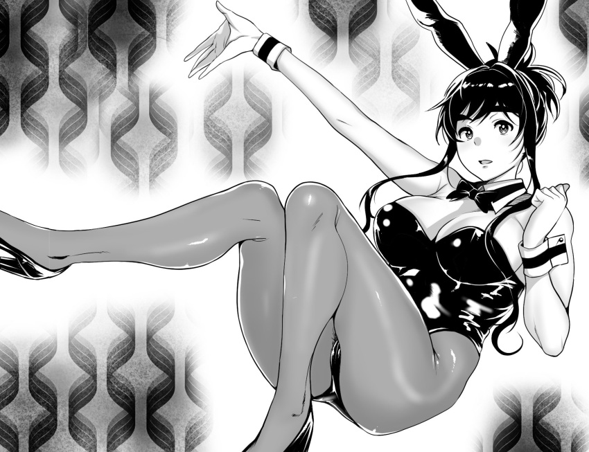 1girl animal_ears arm_up black_bow black_bowtie black_footwear black_hair black_leotard bow bowtie breasts chicken4260 cleavage fake_animal_ears greyscale headband high_heels highres large_breasts latex latex_leotard leotard long_hair looking_at_viewer monochrome open_mouth original pantyhose playboy_bunny rabbit_ears solo strapless strapless_leotard wrist_cuffs