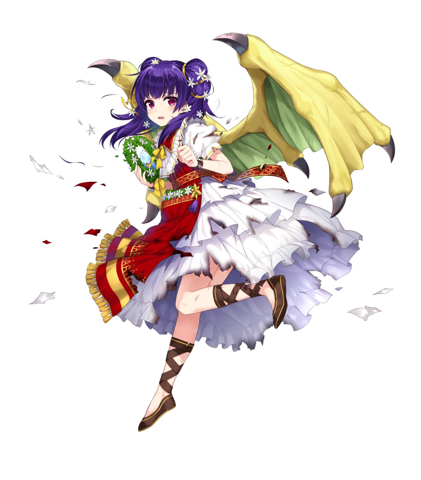 1girl bracelet damaged dragon_girl dragon_wings dragonstone dress fire_emblem fire_emblem:_the_sacred_stones fire_emblem_heroes flower frilled_dress frills hair_flower hair_ornament highres holding holding_flower jewelry non-web_source official_alternate_costume official_art parted_lips puffy_short_sleeves puffy_sleeves purple_eyes purple_hair red_dress short_sleeves solo torn_clothes two_side_up white_dress wings