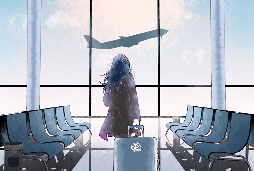 1girl ado_(utaite) aircraft airplane airport black_coat blue_hair chair chando_(ado) cloud_nine_inc coat commentary_request from_behind highres indoors long_hair long_sleeves rolling_suitcase solo suitcase umeboshi_(lbsmo8ue2qm2rhk) utaite window