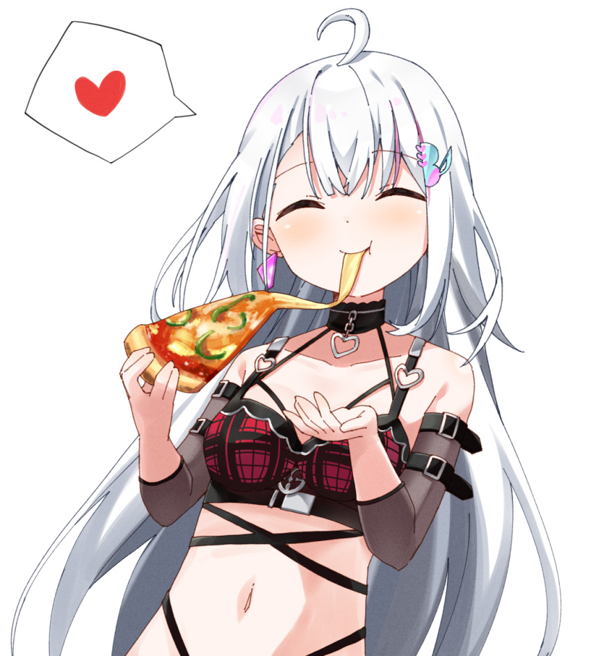 1girl ahoge arm_belt belt black_belt black_bra bra closed_eyes collarbone commission detached_sleeves earrings ember_amane food hair_ornament haru_(konomi_150) heart heart_o-ring holding holding_food holding_pizza jewelry long_hair navel phase_connect pixiv_commission pizza pizza_slice plaid plaid_bra red_bra solo spoken_heart two-tone_bra underwear virtual_youtuber white_hair