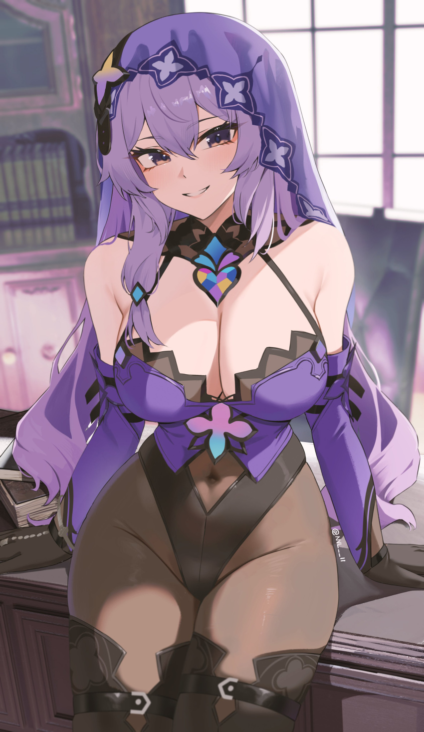 1girl absurdres bare_shoulders black_gloves black_swan_(honkai:_star_rail) boots breasts cleavage commentary_request covered_navel covered_nipples cowboy_shot elbow_gloves gloves grin hair_between_eyes highres honkai:_star_rail honkai_(series) indoors large_breasts long_hair looking_at_viewer nvl pantyhose purple_eyes purple_hair sleeveless smile solo standing thigh_boots veil very_long_hair window