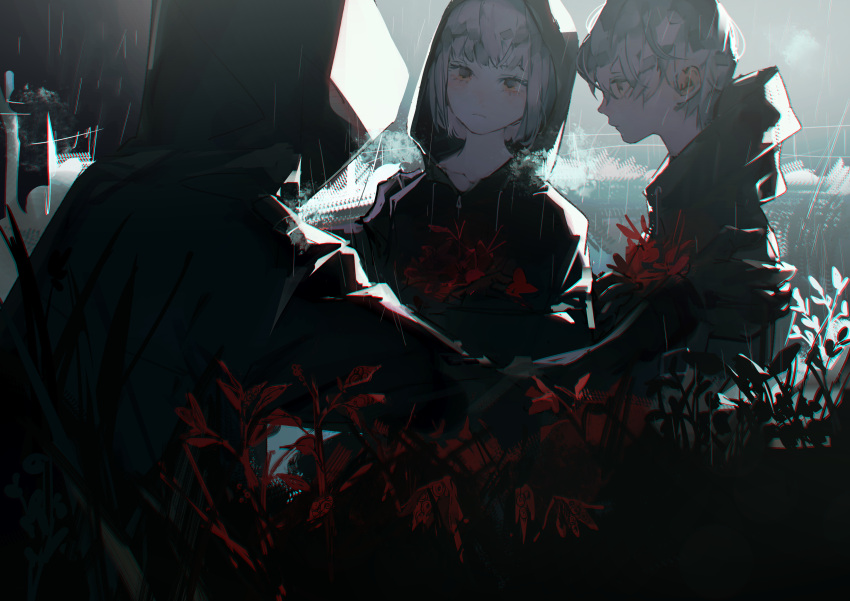 1boy 1girl 1other absurdres black_coat brown_eyes chromatic_aberration cloak closed_eyes coat expressionless facing_another flower highres hood hood_down hood_up hooded_cloak looking_at_another original outdoors plant profile rain red_flower standing syokuuuuuuuuumura upper_body white_hair