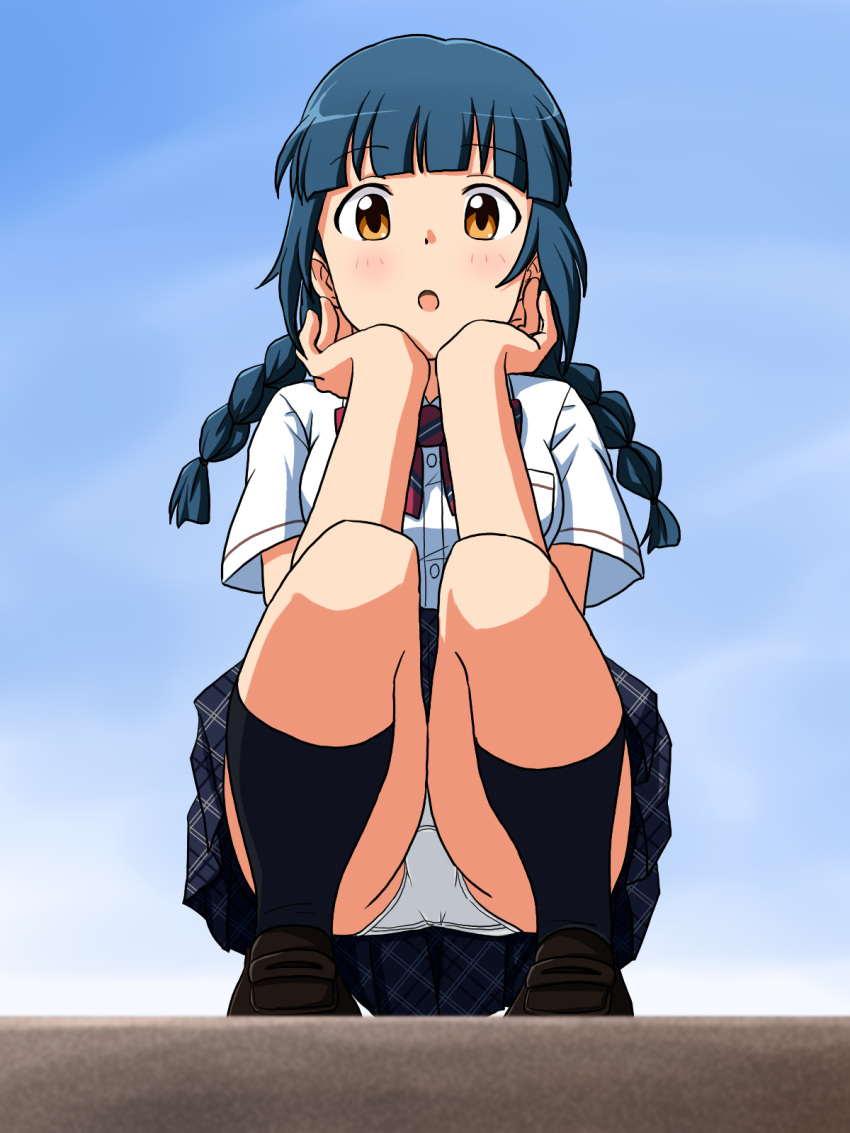 1girl :o black_footwear black_socks blue_hair blue_skirt blue_sky bow bowtie braid brown_eyes cloud cloudy_sky commentary crotch_seam day dress_shirt head_rest highres idolmaster idolmaster_million_live! kitakami_reika lielos loafers long_hair looking_at_viewer low_twin_braids low_twintails miniskirt open_mouth outdoors panties pantyshot plaid plaid_skirt pleated_skirt red_bow red_bowtie school_uniform shirt shoes short_sleeves skirt sky socks solo squatting twin_braids twintails underwear white_panties white_shirt