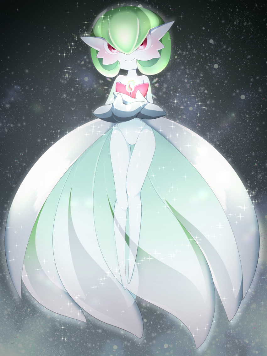 1girl absurdres black_background blush bob_cut closed_mouth colored_skin commentary_request flat_chest floating full_body gardevoir glowing green_hair green_skin groin hair_between_eyes hands_up happy highres legs legs_together looking_at_viewer mega_gardevoir mega_pokemon mega_stone multicolored_skin own_hands_together pokemon pokemon_(creature) red_eyes short_hair smile solo sparkle split_mouth tahita thighs transformation two-tone_skin white_skin