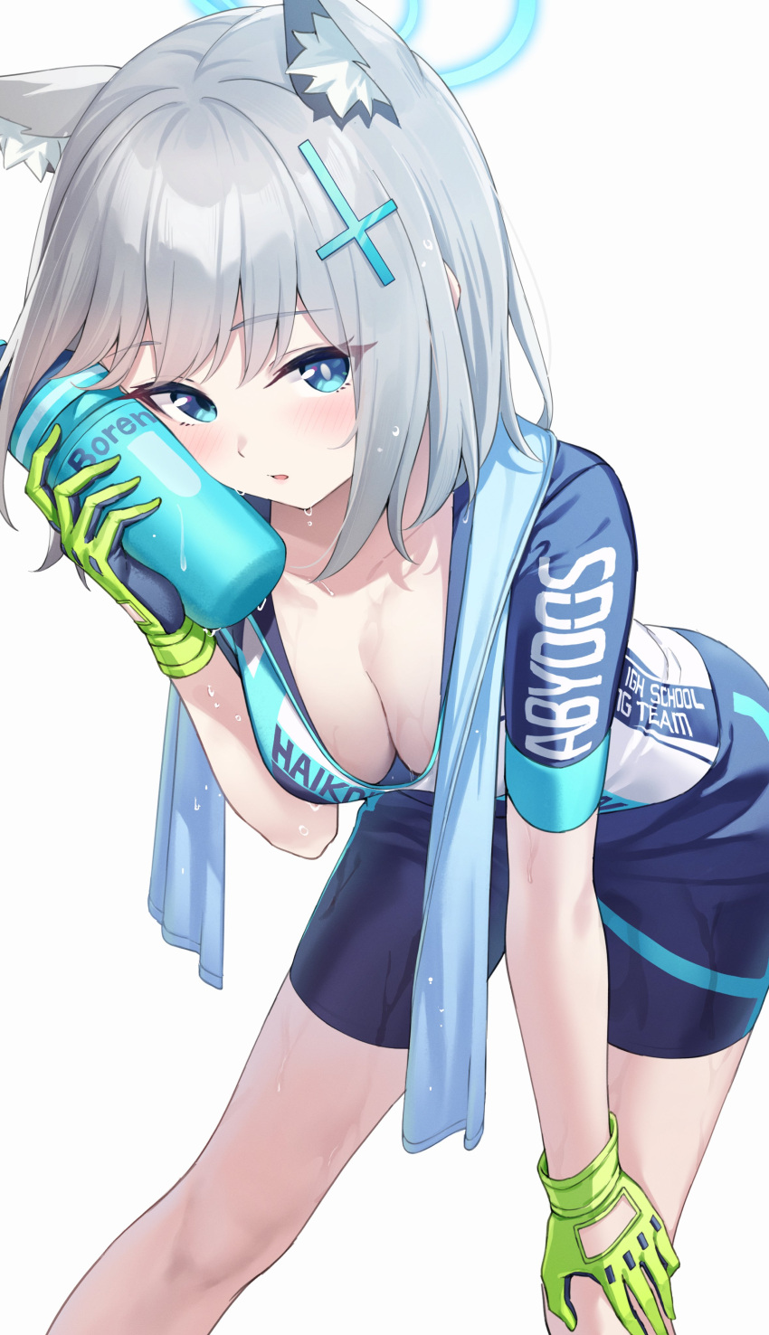 1girl absurdres bike_jersey biker_clothes blue_archive blue_eyes blue_halo blush bottle bottle_to_cheek breasts cleavage cross cross_hair_ornament cycling_uniform extra_ears gloves green_gloves grey_hair hair_ornament halo hand_on_own_knee highres holding holding_bottle inverted_cross looking_at_viewer medium_breasts mismatched_pupils official_alternate_costume open_mouth pizza_(pizzania_company) shiroko_(blue_archive) shiroko_(cycling)_(blue_archive) short_hair simple_background solo towel towel_around_neck water_bottle white_background