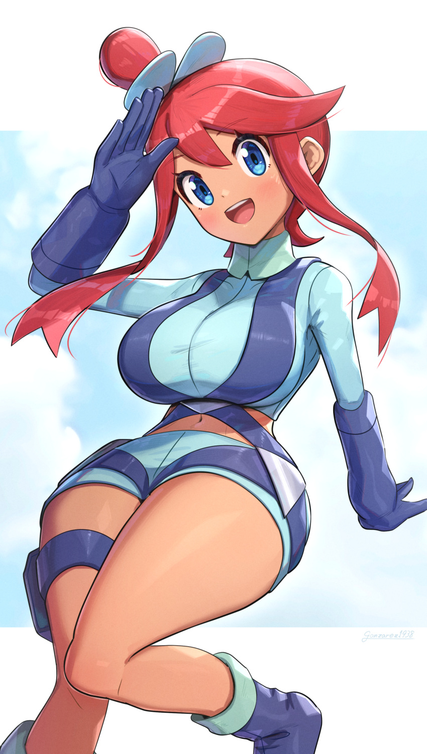 1girl absurdres artist_name blue_eyes blue_footwear blue_gloves blue_jacket blue_shorts blue_sky breasts cloud cloudy_sky crop_top cropped_jacket dark-skinned_female dark_skin gloves gonzarez highres jacket large_breasts midriff one_side_up pokemon pokemon_bw red_hair short_hair_with_long_locks short_ponytail short_shorts shorts sky skyla_(pokemon) solo swept_bangs thigh_pouch twitter_username