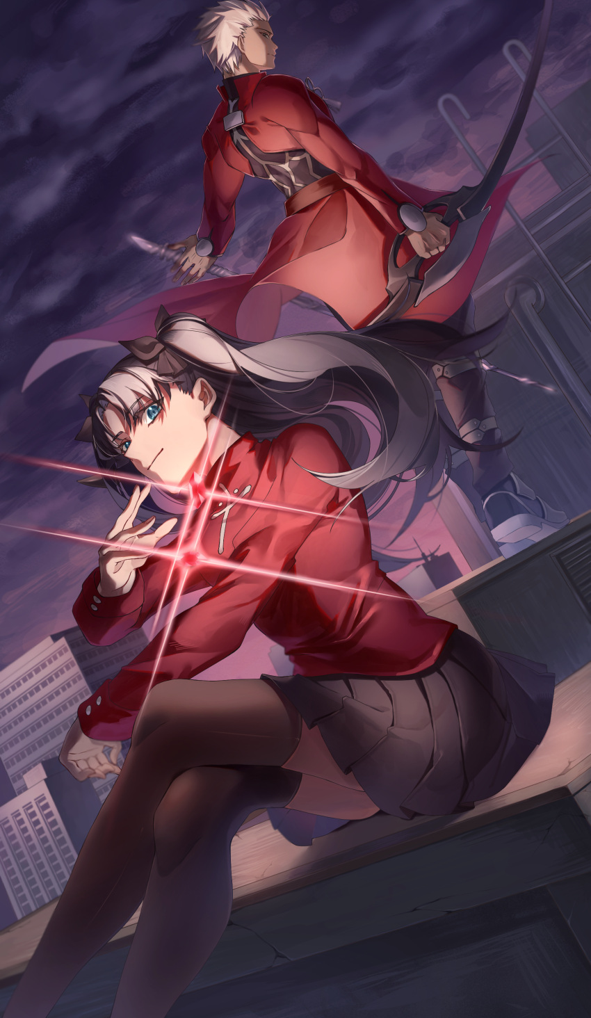 1boy 1girl absurdres aqua_eyes archer_(fate) arrow_(projectile) black_hair black_pants black_ribbon black_skirt black_thighhighs bow_(weapon) cityscape closed_mouth cloud cloudy_sky commentary cross_print crossed_legs dark-skinned_male dark_skin dutch_angle expressionless fate/stay_night fate_(series) feet_out_of_frame floating_hair gem grey_hair hair_ribbon highres holding holding_arrow holding_bow_(weapon) holding_weapon ina_(rimuna_1228) long_hair long_sleeves looking_at_viewer looking_back miniskirt night on_roof outdoors pants pleated_skirt profile red_gemstone red_shirt red_sweater ribbon shirt short_hair skirt sky smile sweater thighhighs tohsaka_rin turtleneck turtleneck_sweater two_side_up weapon zettai_ryouiki