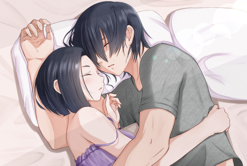 1boy 1girl absurdres babydoll bare_shoulders bed_sheet black_hair boku_no_kokoro_no_yabai_yatsu camisole closed_mouth green_shirt head_on_arm highres hug husband_and_wife mature_female mature_male muscular muscular_male parted_lips pillow profile purple_camisole sacra_(sacrabokuyaba) shirt short_hair sleeping strap_slip upper_body yamada_sanae_(bokuyaba) yamada_yuuki_(bokuyaba)