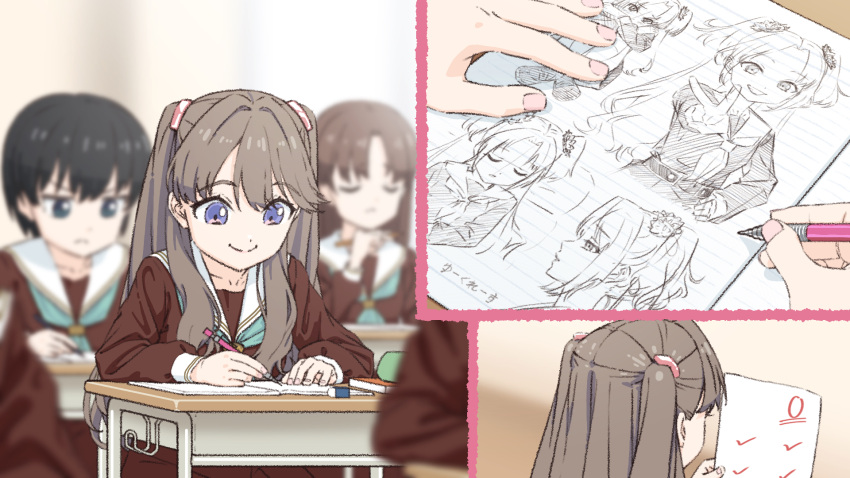 4girls black_hair blurry blurry_background blurry_foreground book brown_dress brown_hair closed_mouth desk drawing dress examination_paper fujishima_megumi green_neckerchief highres holding holding_paper holding_pencil indoors link!_like!_love_live! long_sleeves love_live! mechanical_pencil minpailea multiple_girls neckerchief osawa_rurino paper pencil purple_eyes sailor_collar school_desk short_hair sitting smile test_score_(paper) two_side_up upper_body v white_sailor_collar winter_uniform