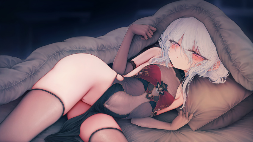 1girl bare_shoulders bed bed_sheet black_gloves blush breasts brown_thighhighs china_dress chinese_clothes cleft_of_venus closed_mouth dress elbow_gloves gloves hair_between_eyes hair_bun half-closed_eyes hat highres large_breasts long_hair looking_at_viewer lying nipples no_bra no_panties on_back on_bed on_side original pelvic_curtain pillow pillow_grab red_dress red_eyes single_hair_bun skindentation small_breasts solo thighhighs thighs underwear wakaba_(945599620) white_hair