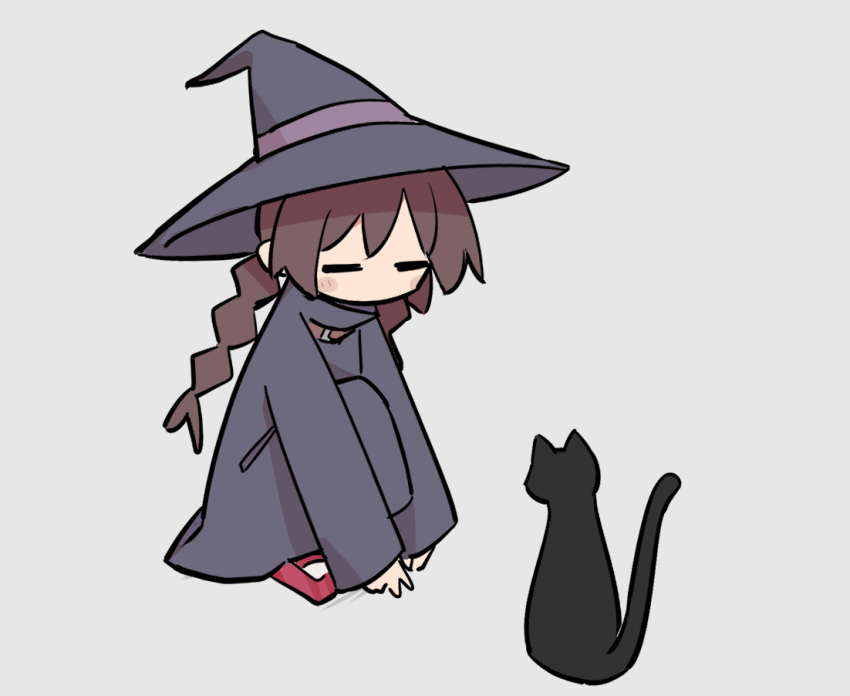 1girl =_= black_cat black_headwear black_robe blush_stickers braid brown_hair cat facing_animal full_body fusazakura grey_background hat high_collar long_hair long_sleeves low_twin_braids madotsuki mary_janes no_mouth red_footwear robe shoes simple_background solo squatting twin_braids witch witch_hat yume_nikki