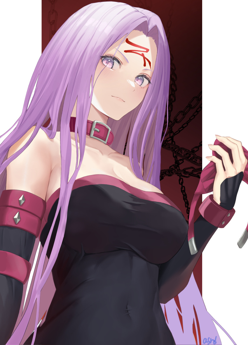 1girl asurada_yui bare_shoulders black_dress breasts cleavage collar collarbone detached_sleeves dress facial_mark fate/stay_night fate_(series) forehead forehead_mark highres large_breasts long_hair looking_at_viewer medusa_(fate) medusa_(rider)_(fate) parted_bangs purple_eyes purple_hair sidelocks solo very_long_hair