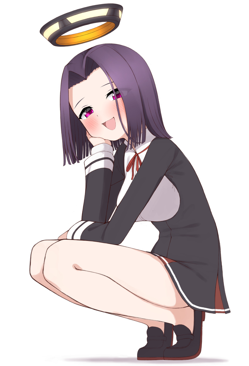 1girl absurdres black_dress black_footwear dress full_body hair_intakes halo hand_on_own_face highres kantai_collection mechanical_halo purple_hair red_eyes short_hair simple_background smile solo squatting tatsuta_(kancolle) tiemu_(man190) white_background