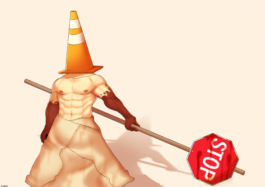 1boy abs absurdres bara blood blood_on_weapon cloak covered_horns dark_skin feet_out_of_frame fujimachine_(clayten) halloween halloween_costume highres holding holding_sign holding_weapon large_pectorals male_focus muscular muscular_male naked_cloak navel nipples parody pectorals pyramid_head road_sign shadow sign silent_hill_2 simple_background solo stomach stop_sign topless_male traffic_cone veins weapon
