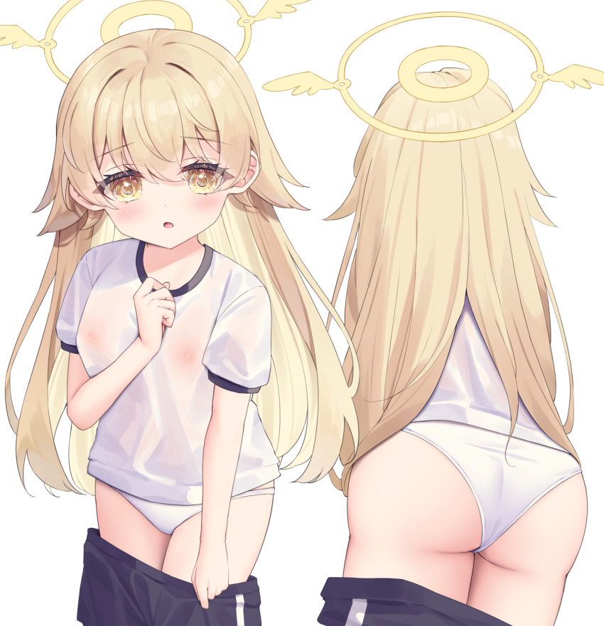 1girl :o ass black_shorts blonde_hair blue_archive blush breasts brown_eyes clothes_pull commentary_request covered_nipples gym_shirt gym_shorts gym_uniform hair_between_eyes hair_flaps halo hand_up hifumi_(blue_archive) highres long_hair looking_at_viewer multiple_views panties parted_lips puffy_short_sleeves puffy_sleeves satsuki_yukimi see-through shirt short_shorts short_sleeves shorts shorts_pull simple_background small_breasts underwear very_long_hair white_background white_panties white_shirt