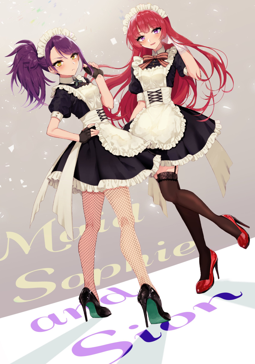 2girls absurdres apron black_dress black_footwear black_gloves black_thighhighs breasts character_name closed_mouth collared_dress corset dress fishnet_pantyhose fishnets frilled_apron frills full_body gloves hand_on_own_hip hand_up high_heels highres hojo_sophy hourai_ninjin long_hair looking_at_viewer maid maid_headdress multiple_girls open_mouth pantyhose pretty_series pripara puffy_short_sleeves puffy_sleeves purple_eyes purple_hair red_footwear red_hair shoe_soles shoes short_sleeves side_ponytail small_breasts smile standing standing_on_one_leg thighhighs toudou_shion white_apron yellow_eyes