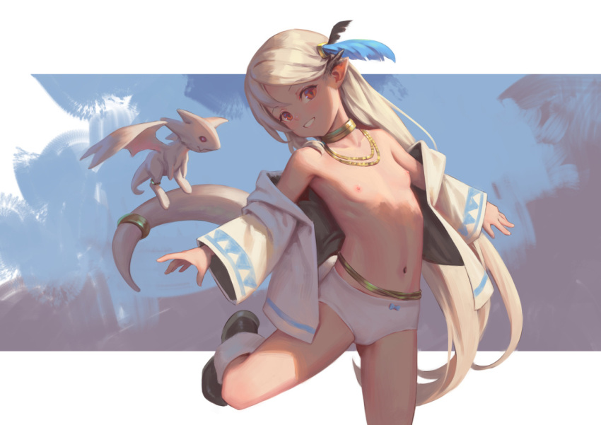 1girl bigrbear blonde_hair bow bow_panties dragon dragon_horns dragon_tail flat_chest gold_choker gold_necklace horns jacket jewelry long_hair looking_at_viewer navel necklace nipples open_clothes open_jacket original panties pointy_ears red_eyes smile solo tail tail_ornament tail_ring underwear white_panties