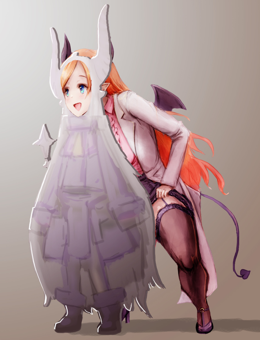 1girl absurdres black_footwear black_horns black_thighhighs blonde_hair blue_eyes character_cutout coat commentary_request demon_girl demon_horns demon_tail demon_wings frilled_shirt frills full_body garter_straps gradient_background grey_background highres hololive horns la+_darknesss lab_coat lace-trimmed_thighhighs long_hair long_sleeves nymph_rhythm open_clothes open_coat open_mouth pink_shirt pointy_ears shirt simple_background smile solo standing strappy_heels swept_bangs tail thighhighs very_long_hair virtual_youtuber white_coat wings yuzuki_choco yuzuki_choco_(1st_costume)