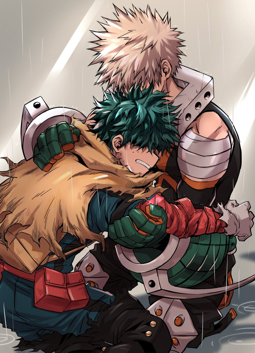 2boys aqua_bodysuit bakugou_katsuki bandaged_arm bandages belt belt_pouch black_footwear black_pants blonde_hair boku_no_hero_academia boots cape chiyaya clenched_teeth colored_shoe_soles covered_face detached_sleeves explosive feet_out_of_frame freckles from_side gloves green_gloves green_hair grenade grey_gloves hand_on_another's_arm hand_on_another's_back hands_up highres hug knee_boots knee_pads kneeling leaning_forward leaning_on_person male_focus messy_hair midoriya_izuku multiple_boys official_alternate_costume on_ground orange_gloves outstretched_arm pants pouch profile rain red_belt ripples shaded_face shadow short_hair sleeveless spiked_hair spoilers support tank_top teeth torn_cape torn_clothes torn_gloves torn_sleeve two-tone_gloves yellow_cape