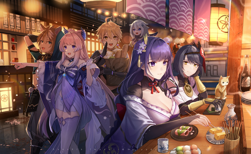 2boys 4girls :d absurdres aether_(genshin_impact) ahoge animal_ears arms_behind_head arms_up artist_name bag bangs bird_mask black_gloves black_hair blonde_hair bottle bow bowtie bread breasts bridal_gauntlets brown_hair cat chinese_commentary chopsticks cleavage closed_mouth commentary_request copyright_name cup dango dress drink eating eyebrows_visible_through_hair fairy fang flower food fox_ears frilled_dress frilled_sleeves frills genshin_impact gloves gorou_(genshin_impact) gradient_hair green_eyes hair_between_eyes hair_flower hair_ornament halo hand_on_own_chest head_rest highres holding holding_bag holding_chopsticks japanese_clothes kimono kujou_sara lantern large_breasts long_hair looking_at_another market_stall mask mask_on_head mole mole_under_eye multicolored_hair multiple_boys multiple_girls nail_polish night night_sky onigiri open_mouth outdoors outstretched_arm paimon_(genshin_impact) paper_bag petals pink_hair plate pointing purple_eyes purple_flower purple_hair purple_kimono purple_legwear purple_nails raiden_shogun sangonomiya_kokomi shopping_bag short_hair shorts silver_hair sitting skin_fang sky smile streaked_hair sweets thighhighs vambraces very_long_hair vision_(genshin_impact) wagashi walking white_gloves white_hair wide_sleeves yellow_eyes yolanda
