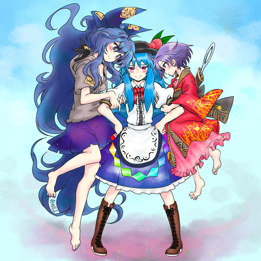 3girls apron barefoot black_headwear blue_bow blue_eyes blue_hair blue_skirt blush boots bow bowtie brown_footwear carbohydrate_(asta4282) center_frills collared_shirt double_arm_hug frills full_body girl_sandwich hair_bow hands_on_own_hips highres hinanawi_tenshi japanese_clothes kimono knee_boots legs_apart long_hair looking_at_viewer multiple_girls nail_polish needle puffy_short_sleeves puffy_sleeves purple_eyes purple_hair rainbow_order red_bow red_bowtie red_eyes red_kimono sandwiched sewing_needle shirt short_hair short_sleeves skirt smile sukuna_shinmyoumaru toenail_polish toenails touhou very_long_hair waist_apron waist_bow white_shirt yorigami_shion