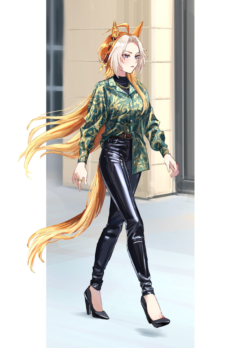 1girl ahoge animal_ears belt black_footwear black_pants black_shirt blue_eyes brown_hair building chain floating_hair full_body gold_chain green_jacket green_shirt high_heels highres horse_ears horse_girl horse_tail jacket jewelry latex_pants long_hair looking_afar multicolored_hair multiple_rings nayuta_ggg orfevre_(umamusume) outdoors pants parted_bangs ring shirt solo tail two-tone_hair umamusume walking